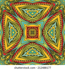 Abstract tribal seamless pattern. Filigree ethnic pattern. Abstract stars and geometric elements on tribal ornament. Bright colors. Endless background. Vector is EPS8, elements are grouped by colors.