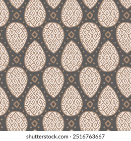 Abstract tribal seamless pattern of pine cones against background with doodle texture. Geometric traditional print in earth tones;