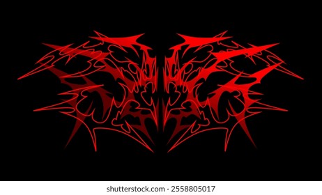 abstract tribal shapes with sharp, symmetrical, and intricate patterns. Dominated by an intense red hue against a dark background