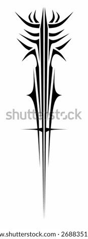 Abstract tribal spear vector design, sharp symmetrical tattoo style element for dark aesthetics, streetwear, or digital artwork.