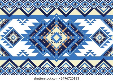 Abstract tribal stripes form a Blue and Goldpattern with Aztec geometric and ethnic designs. Blended with traditional American and Navajo motifs for textiles, clothing