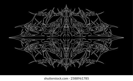 Abstract tribal symmetric ornament in sharp, spiky lines. Perfect for tattoo designs, metal band logos, edgy apparel, and sticker prints