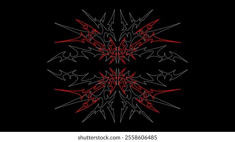 Abstract Tribal Symmetrical Design vector with Red and White Lines on Black Background