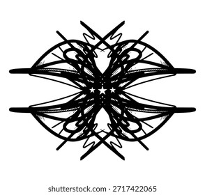 Abstraktes Tribal Tattoo Stil Vektordesign. Schwarz-weißes symmetrisches Ornament mit Sternen. Dekoratives Element für T-Shirt-Print, Logo oder Aufkleber. Symmetrische Stammes-Vektorgrafik mit Sternen.