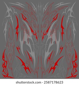 Abstract tribal tattoo vector with aggressive red and gray symmetrical patterns. Perfect for gothic, metal, and dark-themed designs