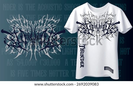 Abstract tribal thunder design with symmetrical flame shapes in black and gray. Perfect for t-shirt prints, rock band graphics, tattoo art, or gothic fashion vector style.