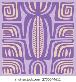 Abstract tribal tiki pattern featuring organic shapes, symmetrical composition, and retro pastel colors, perfect for textiles, wallpaper, and surface design.