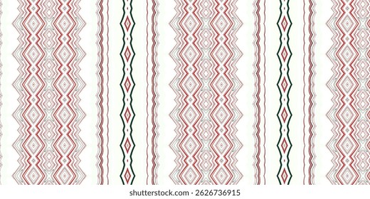 Abstract Tribal Vertical Stripes with Diamond Motifs – Red and Green Tones