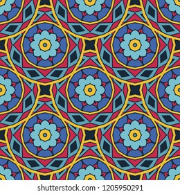 Abstract Tribal vintage ethnic seamless pattern ornamental. Festive colorful background design with geometric flowers and circles