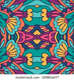 Abstract Tribal vintage ethnic seamless pattern ornamental. Vector psychdelic floral and geometric colorful festival doodle art background