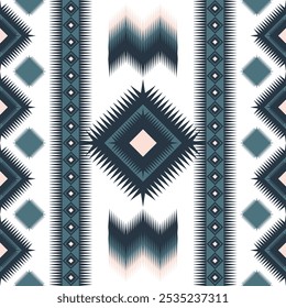 Abstract tribal-inspired geometric pattern featuring diamond shapes and sharp lines in blue and beige tones. Symmetrical and decorative design