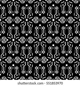 Abstract tribe dark ornament seamless vector pattern. Black and white tileable openwork background.
