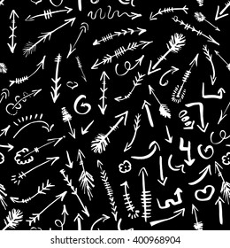 Abstract tribe seamless pattern with arrows. Paper background with Hand drawing elements. Black and white