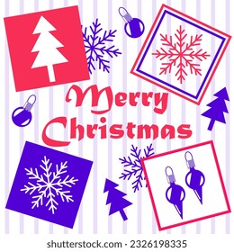 Abstract tricolor collage of squares with Christmas trees inside, ornaments and snowflakes. Vector illustration on a striped background. Merry Christmas greeting card.