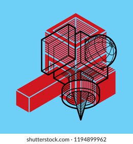 Abstract trigonometric construction, vector dimensional design template.