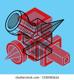 Abstract trigonometric construction, vector dimensional design template.