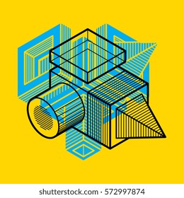Abstract trigonometric construction, vector dimensional design template.