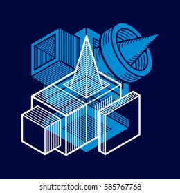 Abstract trigonometric construction, vector dimensional design template.