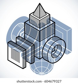 Abstract trigonometric construction, vector dimensional design template.