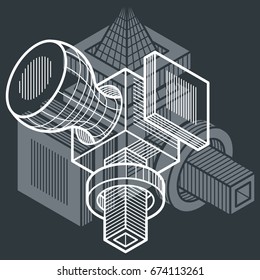 Abstract trigonometric construction, vector dimensional design template.
