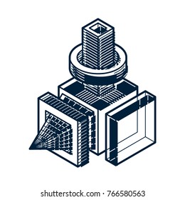 Abstract trigonometric construction, vector dimensional design template.