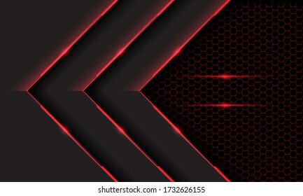 Abstract triple red grey cyber light arrow direction on dark hexagon mesh pattern design modern futuristic technology background vector illustration.