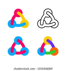 Abstract triple tech logo. Three connected round dots or balls in shape of triangle. Colorful industrial logo. Touching each other concept.