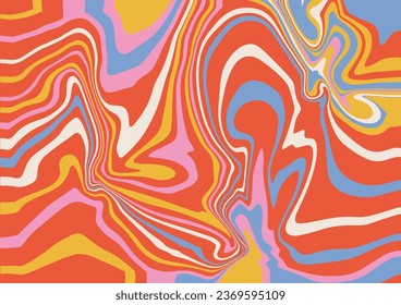 Abstract trippy background with with liquid flowing lines in vintage rainbow colors. Simple flat vector illustration.