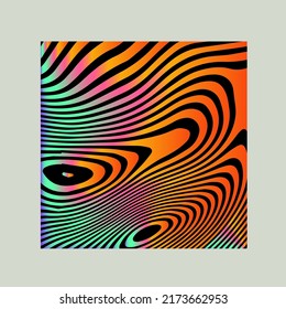 Abstract trippy background with warped holographic lines. Op-art retrofuture style.