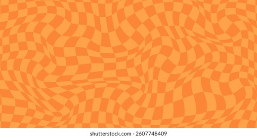 Abstract Trippy Checkerboard Background with Retro Yellow and Orange Colors. Psychedelic design with distortion grid effect. Twisted wavy and groovy geometrical chessboard. Distorted funky 70s hippie