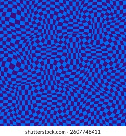 Abstract Trippy Checkerboard Background with Retro Blue Colors. Psychedelic design with distortion grid effect. Twisted wavy and groovy geometrical chessboard. Distorted funky 70s hippie art 