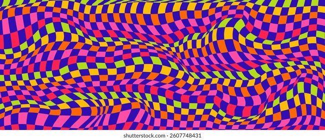 Abstract Trippy Checkerboard Background with Retro Colors. Psychedelic design with distortion grid effect. Twisted wavy and groovy geometrical chessboard. Distorted funky 70s hippie art. 