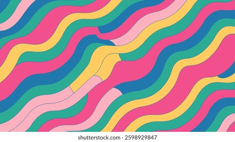 Abstract Trippy Lines Pattern. Cool Groovy Retro Texture. Psychedelic Wavy Illustration. Geometric Funky Vintage Vector Backdrop.