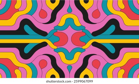Abstract Trippy Lines Pattern. Cool Groovy Retro Texture. Psychedelic Wavy Illustration. Geometric Funky Vintage Vector Backdrop.