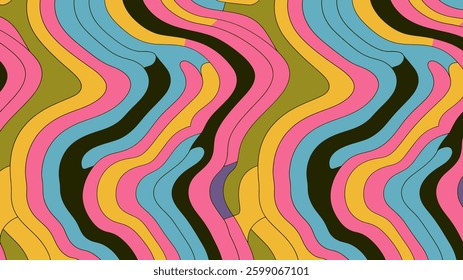 Abstract Trippy Lines Pattern. Cool Groovy Retro Texture. Psychedelic Wavy Illustration. Geometric Funky Vintage Vector Backdrop.