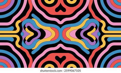 Abstract Trippy Lines Pattern. Cool Groovy Retro Texture. Psychedelic Wavy Illustration. Geometric Funky Vintage Vector Backdrop.