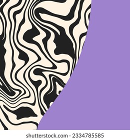 Abstract trippy marble background with purple copy space. Trendy square backdrop in retro groovy style. Psychedelic patterns 60-70s. Cool vector cover templates for social media post, banner, sale, ad