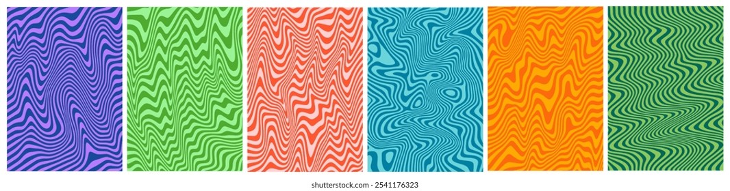 Abstract Trippy Patterns with Swirl Lines. Vector Psychedelic Groovy Backgrounds with Waves