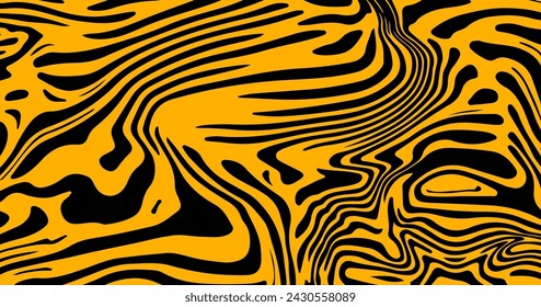 Abstrakter trippiger gelber und schwarzer psychedelischer Hintergrund mit schmelzenden und verzerrenden Linien. Kreatives Trippelmuster.