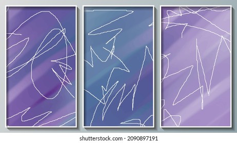 Abstract triptych in azure purple tones.
 A beautiful panel for interior decoration, corporate designs, blogs, postcards, posters and your other projects. Vector. 