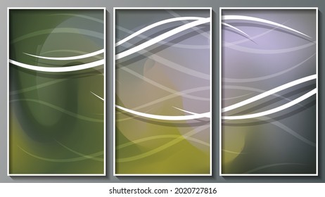 tríptico abstracto en colores oscuros. rayas onduladas y finas blancas sobre el fondo de la superficie de la mezcla de pinturas de tonos fríos. tres imágenes en marcos finos blancos. vector 