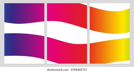 Abstract triptych design with curved rainbow gradient waves. Modern geometric background for print and web