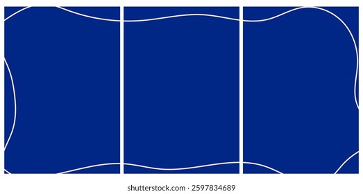 Abstract triptych frame with wavy pastel pink lines on deep blue background. Modern geometric template for posters, banners, and design