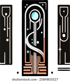 An abstract triptych illustration featuring a central portal-like panel surrounded by two slender pillars, all adorned with cosmic elements and shimmering orbs. The flowing energy and starry patterns 