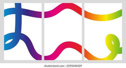 Abstract triptych with intertwined wavy rainbow gradient lines on white background. Modern geometric wall art for interior design and print