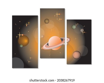 Abstract triptych modular paintings on a space theme with stars, Saturn and other planets. Vector illustration for walls design and other. 