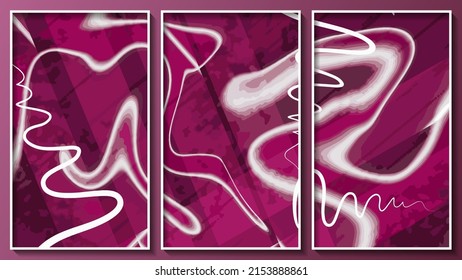 Abstract triptych in pink and white colors. Swirling overlapping shapes and stripes. Three images in white thin frames. Vector.