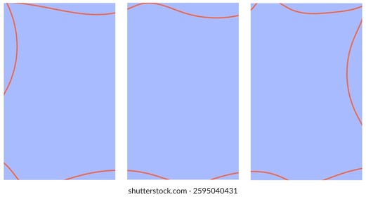 Abstract triptych template with blue background and curved red lines. Minimalist geometric design for posters, prints, and interior decor