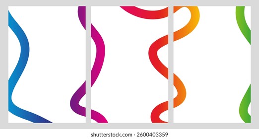 Abstract triptych template with colorful wavy gradient lines on white background. Modern geometric design with copy space for banners and posters