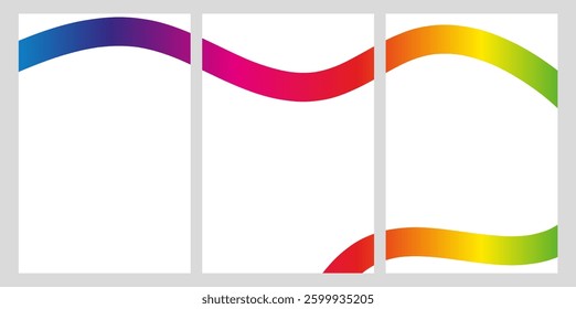 Abstract triptych template with curved rainbow gradient waves on white background. Modern geometric design with copy space for banners and posters